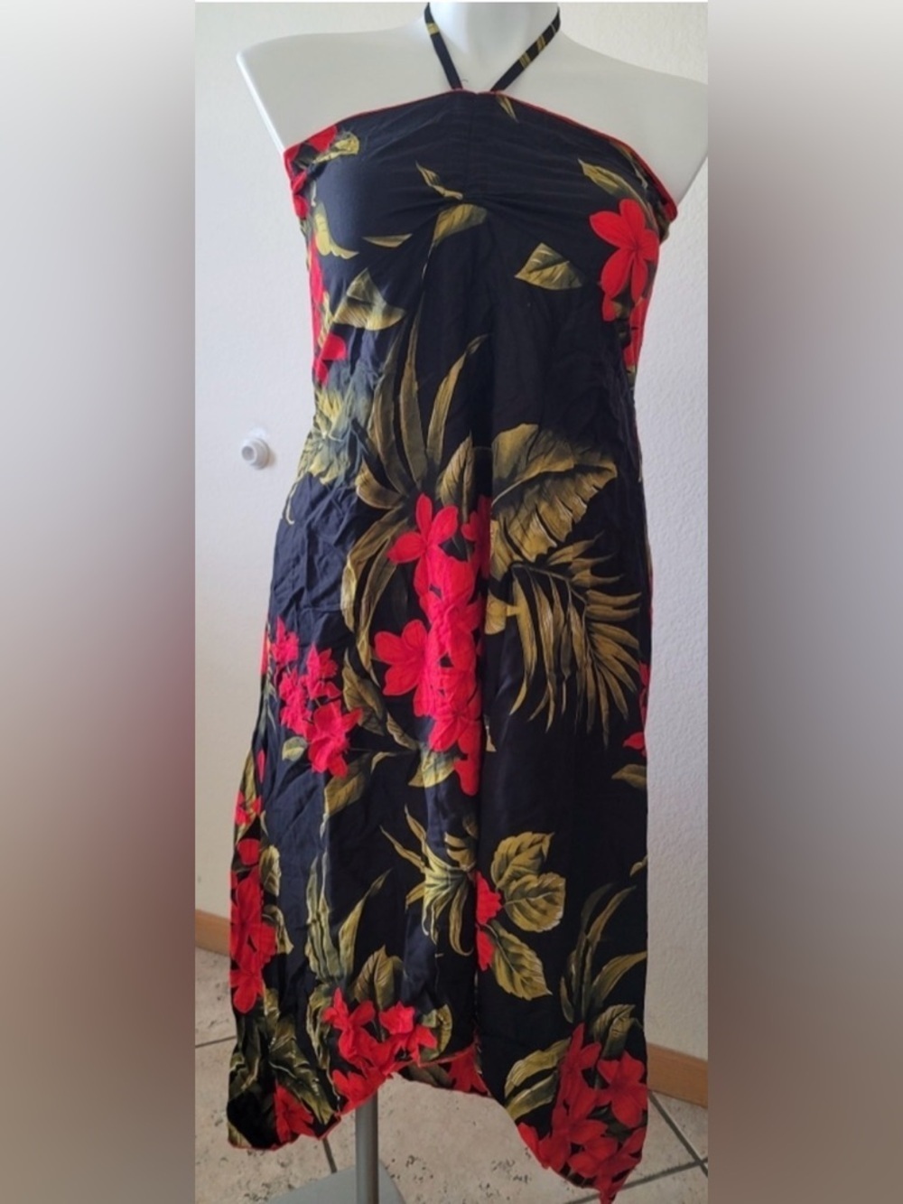 Favant Hibiscus Tropical Black Maxi Dress with Red Floral Print M